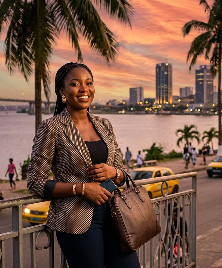Une jeune entrepreneuse en blazer corail consulte son téléphone devant sa boutique, au coucher du soleil